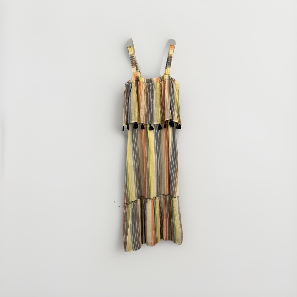 THML Womens Rainbow Striped Tassel Tiered Cotton Midi Dress XS Boho‎ Festival